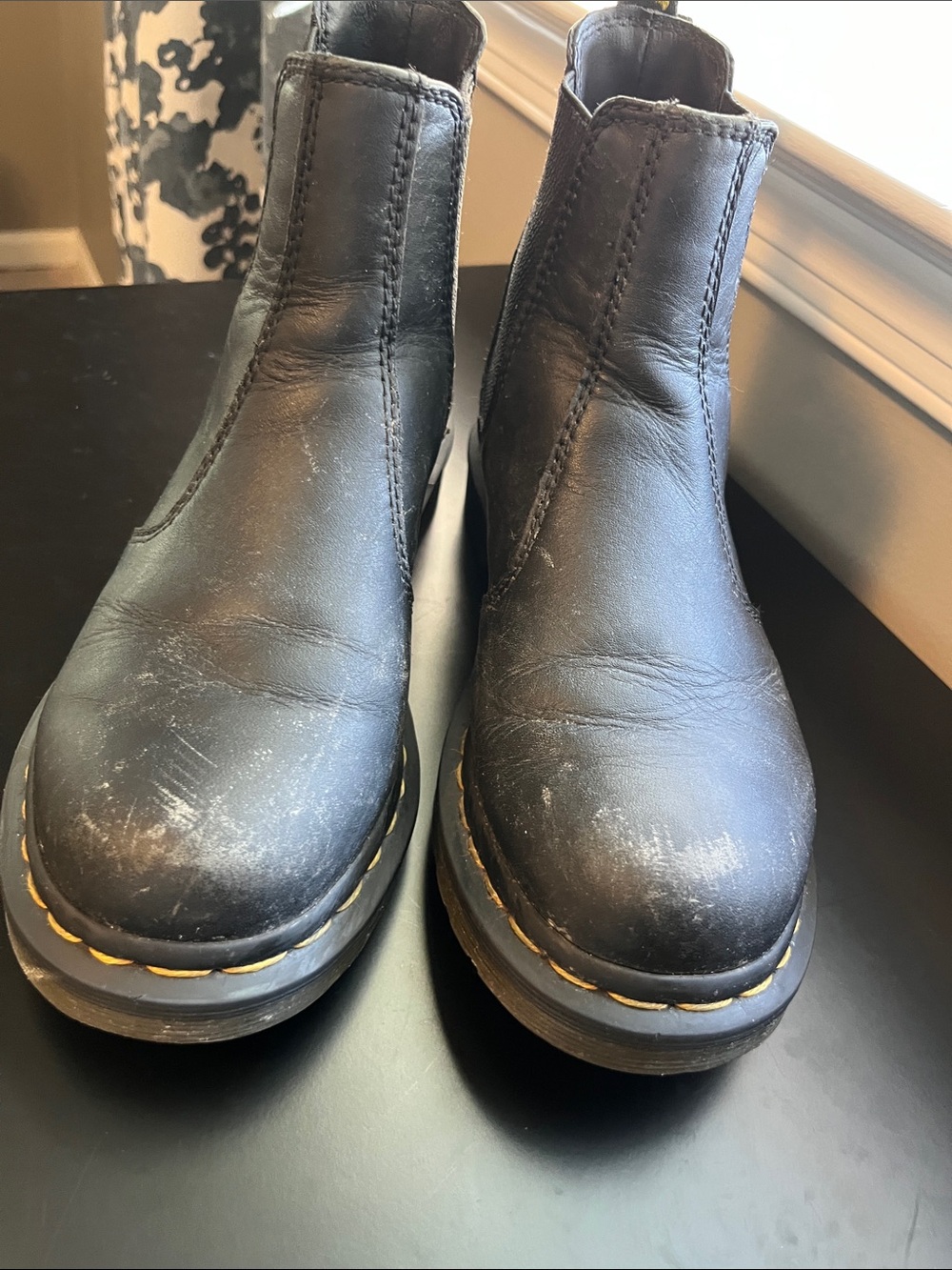 Dr. Martens Black Leather Chelsea Boots with Yellow Welt Stitching